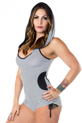 River Hooded Romper - Maroon with Gray Flower of Life Print