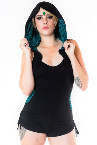 River Hooded Romper - Black with Teal Flower of Life Print