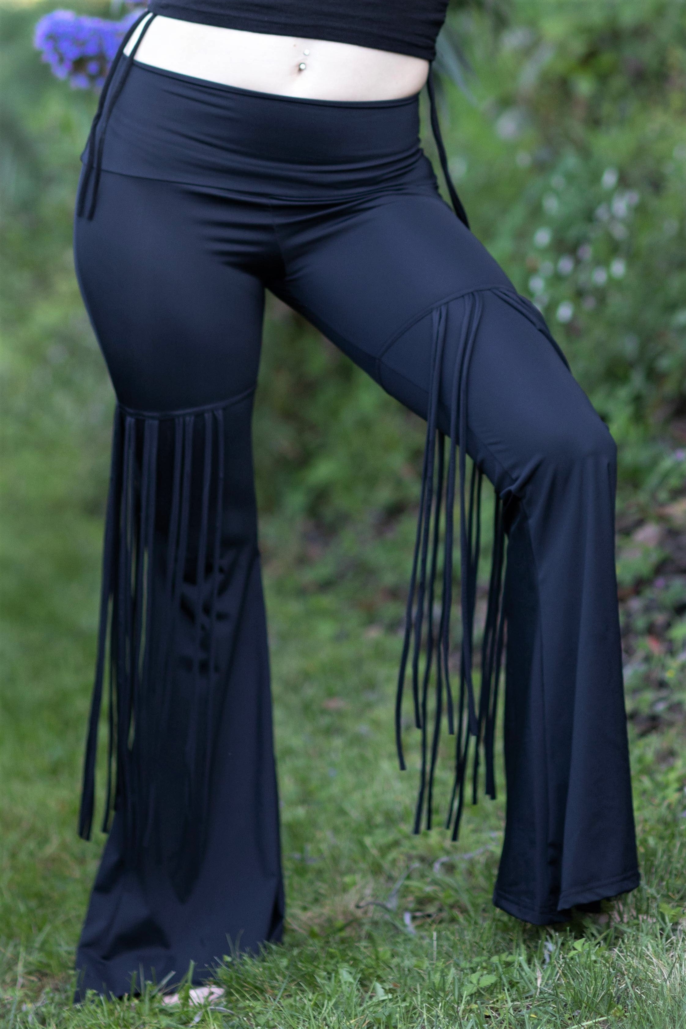 High Waisted Bell Bottom Fringe Pants - Black Sheen