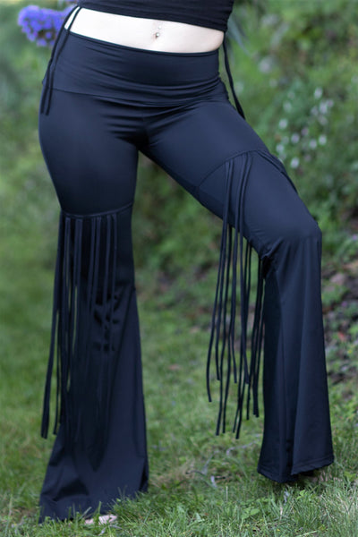 High Waisted Bell Bottom Fringe Pants - Black Sheen