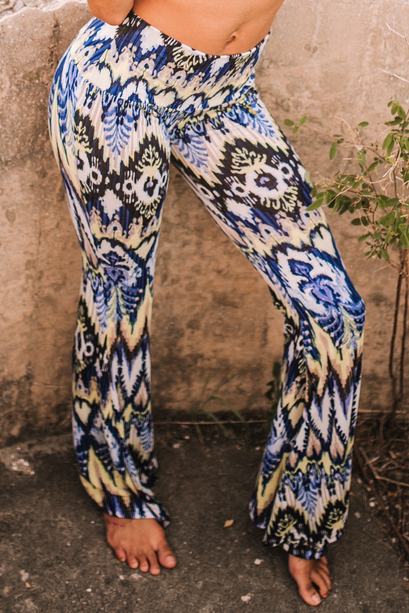 High Waist Bell Bottom Flare Pants - Blue and Cream