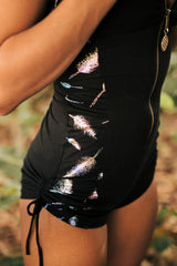 Racer Hooded Romper - Black with Rainbow Holographic Feathers