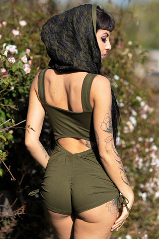 Racer Hooded Romper - Olive Green with Black Lace