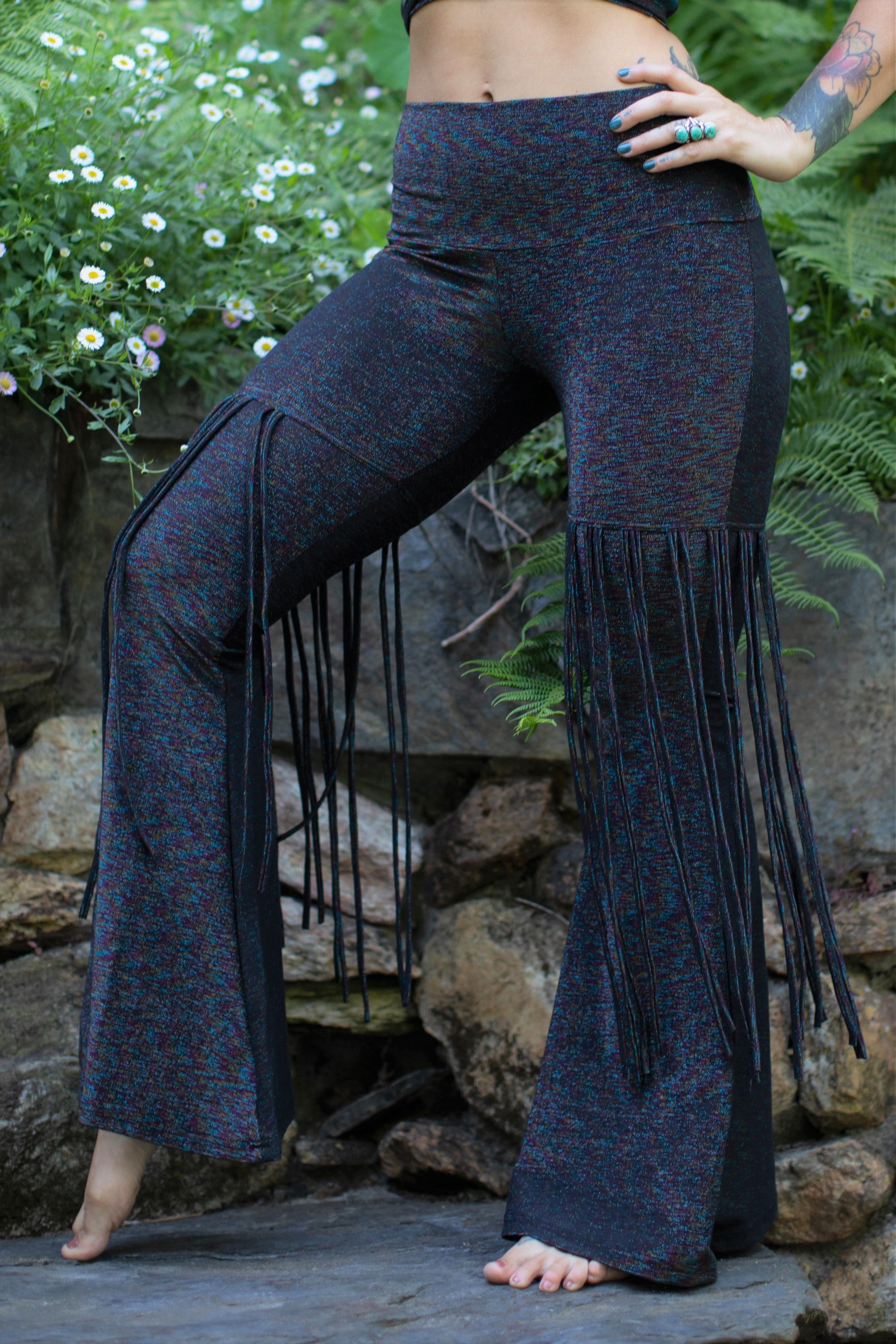 High Waisted Bell Bottom Fringe Pants - Black Sparkle Rainbow