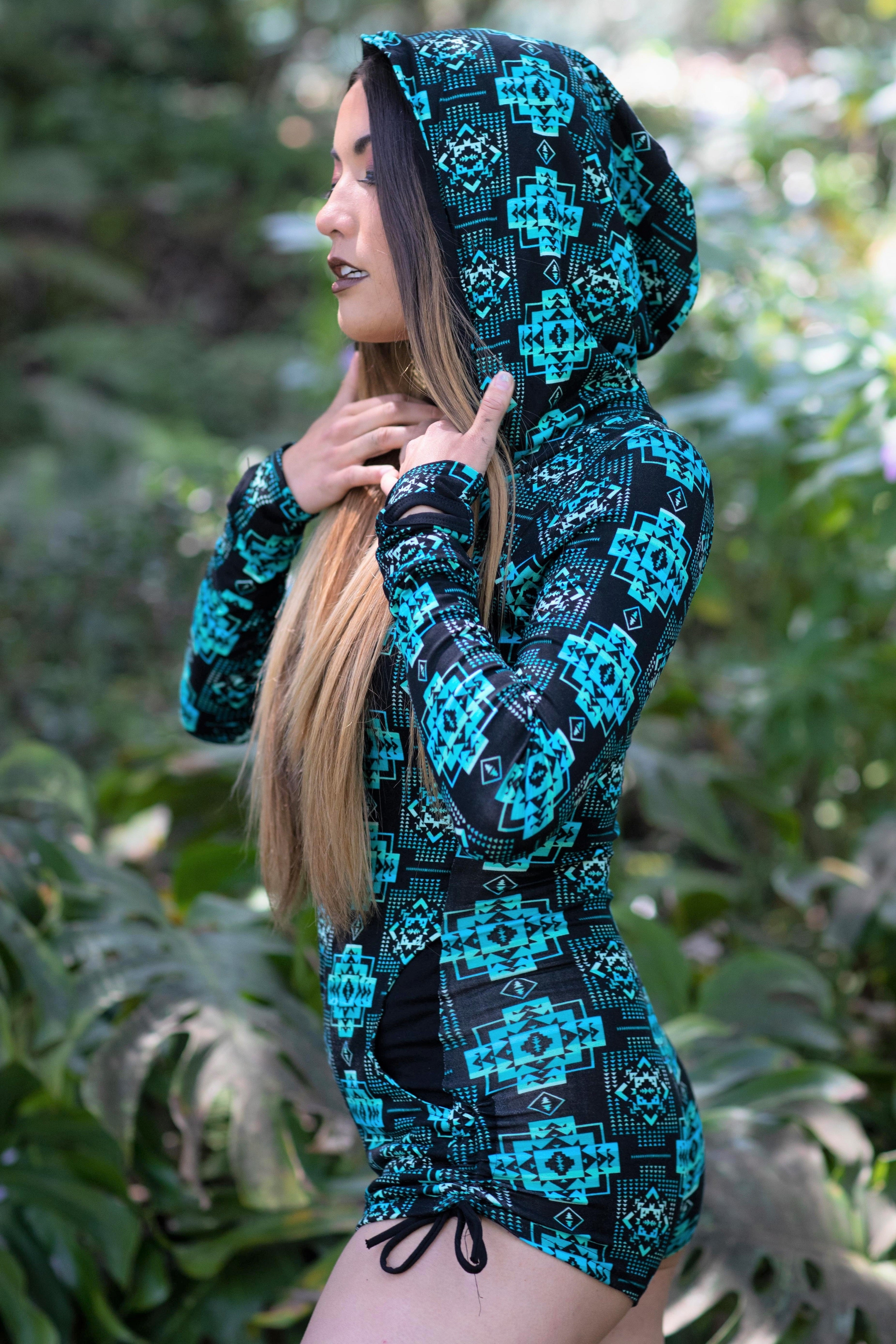 Gemini Hooded Romper - Black and Teal Aztec Print