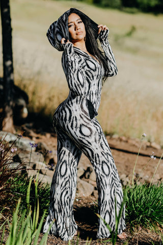 Aiwa Hooded Jumpsuit Onesie - Black and White Savannah Print