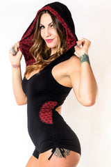 River Hooded Romper - Black with Red Flower of Life Print