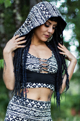 Sutra Underbust Hooded Top Set - Black and Cream Tribal