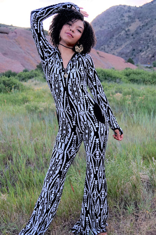Aiwa Hooded Jumpsuit Onesie - Black and White Tribal