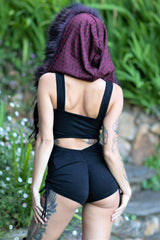 Racer Hooded Romper - Black with Maroon Flower of Life and Black Fur