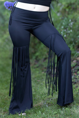 High Waisted Bell Bottom Fringe Pants - Black Sheen