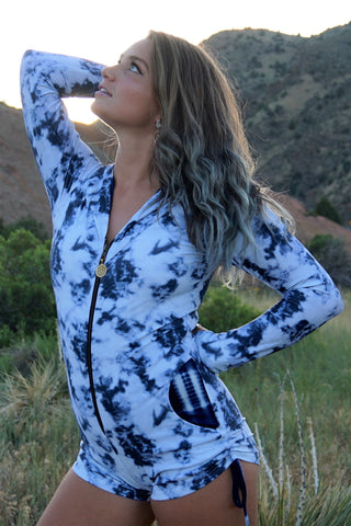 Gemini Hooded Romper - Blue and White Tie Dye