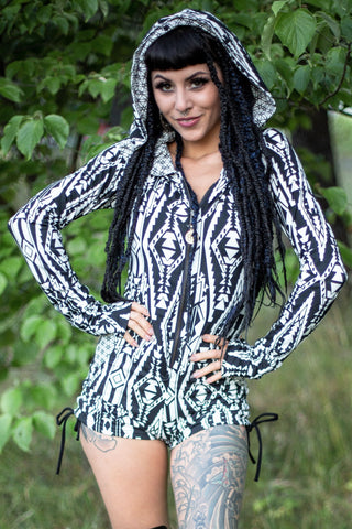 Gemini Hooded Romper - Black and White Tribal