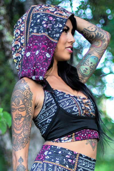 Sutra Underbust Hooded Top Set - Maroon and Black Floral