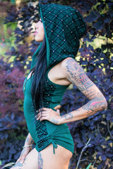 Racer Hooded Romper - Forest Green with Flower of Life Print Lace