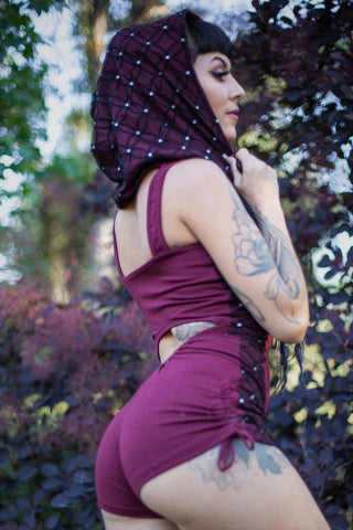 Racer Hooded Romper - Maroon Red with Flower of Life Print Lace