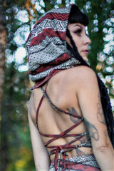 Cross Strap Hooded Top - Black and Rust Tribal Print