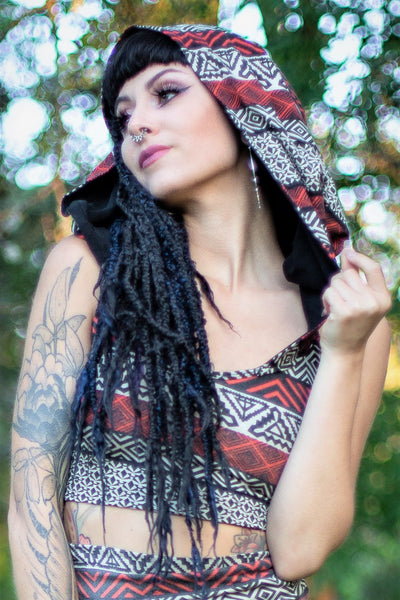 Cross Strap Hooded Top - Black and Rust Tribal Print