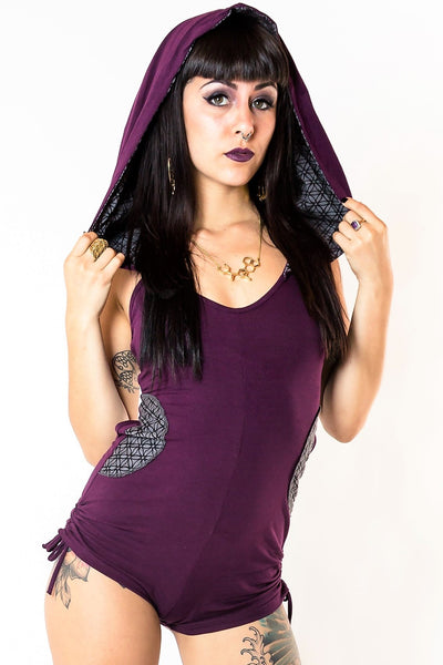 River Hooded Romper - Purple with Gray Flower of Life Print
