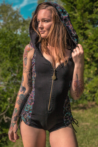 Racer Hooded Romper - Black with Rainbow Skulls