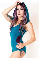 River Hooded Romper - Black with Teal Flower of Life Print