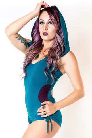 River Hooded Romper - Teal with Purple Flower of Life Print