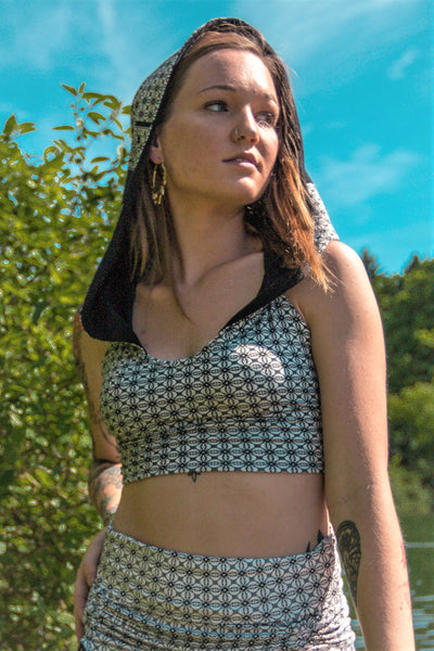 Cross Strap Hooded Top - Black and White Flower of Life Print